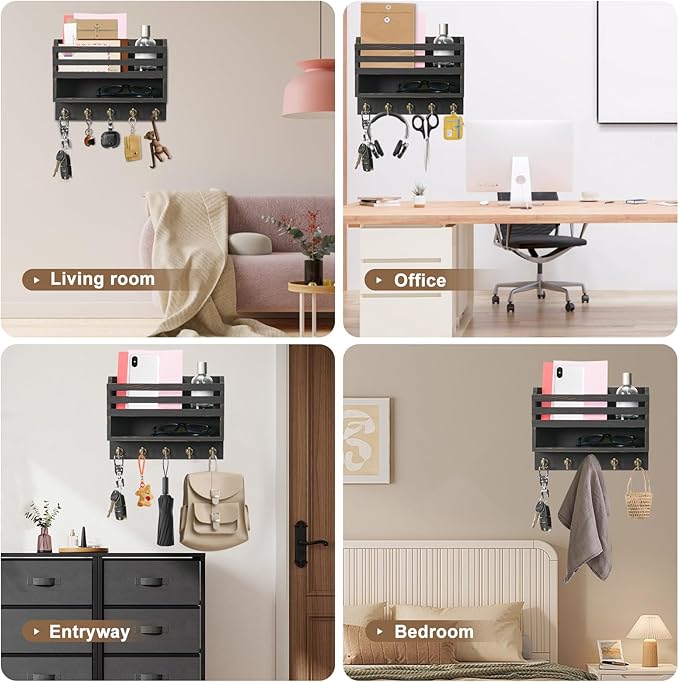 Mail and Key Organizer for Wall – Key Holder Wall Mount with Storage Box and 5 Key Hooks, Mail Holder Wall Mounted for Entryw