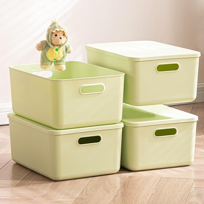 4 pack large plastic White storage bins Baskets, Toy Box Chest with Lids and Handle，Organizer Containers for Baby，Kids,snacks
