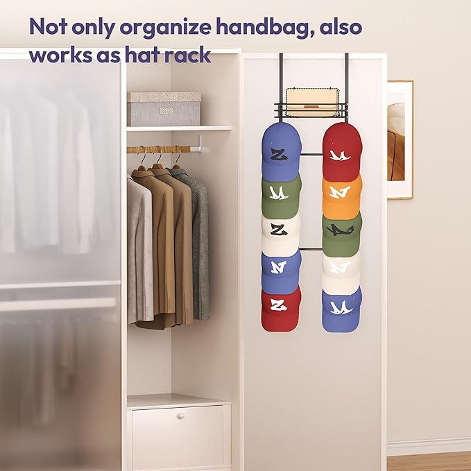 SWTYMIKI Over The Door Purse Organizer - Wall Mounted Handbag Organizer with 10 Hooks and Metal Basket, Hanging Purse Storage