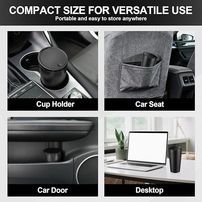 SINGARO Car Trash Can with Lid, Leakproof Mini Garbage Bin for Car Cup Holder, Small Trash Can for Vehicle, Home & Office - Includes 30 Bags, Easy Clean (Black)