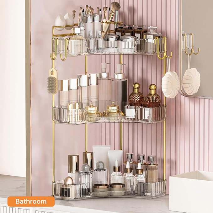 3-Tier Corner Bathroom Counter Organizer，Makeup & Skincare Shelf with Built-in Brush Holder，Space-Saving Bathroom Countertop 