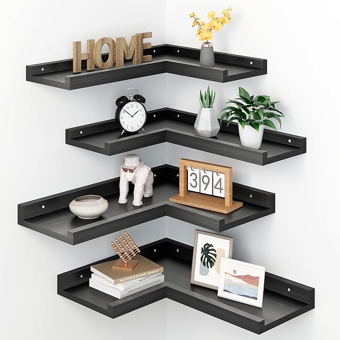 4-Tier Black Corner Floating Shelves Wall Mounted - Floating Shelves with Lip, Solid Pine Wooden Corner Wall Shelf for Wall D