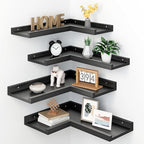 4-Tier Black Corner Floating Shelves Wall Mounted - Floating Shelves with Lip, Solid Pine Wooden Corner Wall Shelf for Wall D