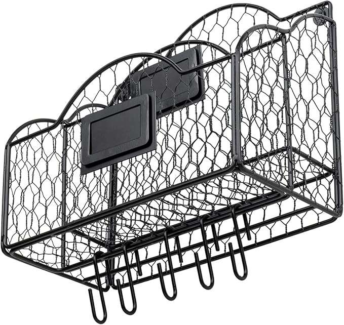 MyGift 2 Compartment Mail Inbox/Outbox Sorter, Wall Mounted Modern Black Metal Wire Entryway Organizer Basket for Mails, Bill