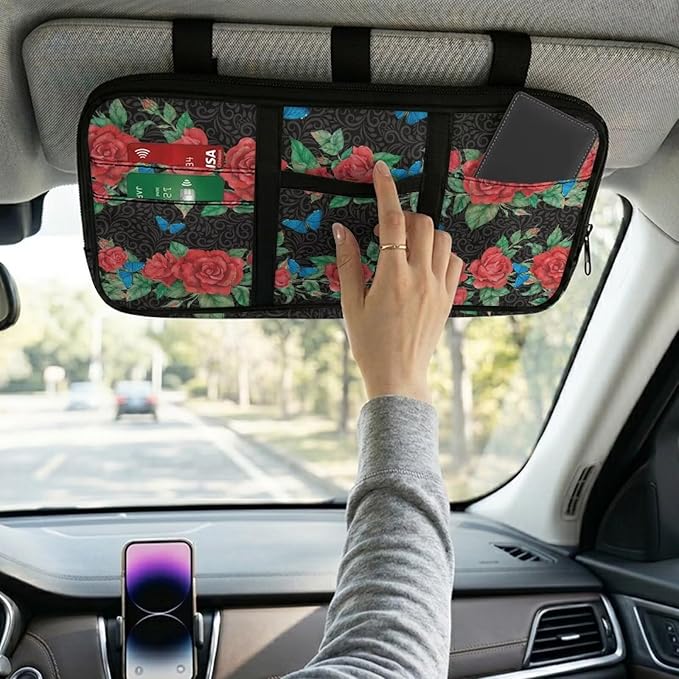 Car Sun Visor Storage Bag,Rose Tactical Car Visor Organizer with Zipper Adjustable Straps for SUV Truck Pickup Patrol Car Storage