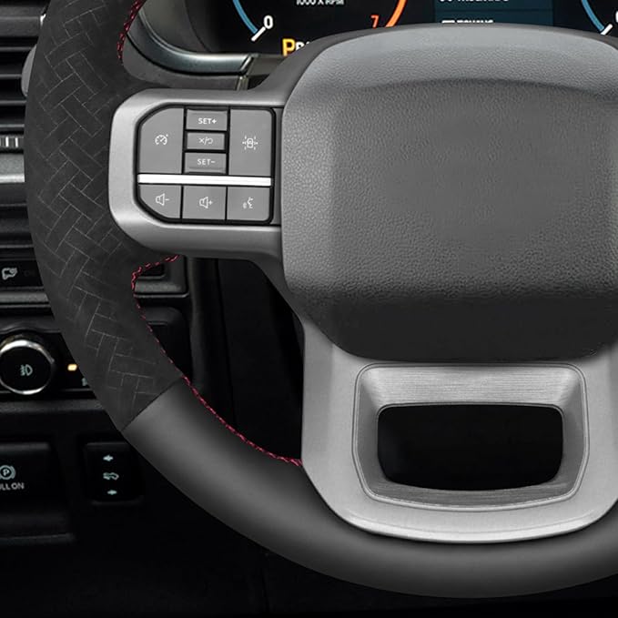 MEWANT Steering Wheel Cover for Ford F150 Lightning F350 2024 Expedition Made of Black Real Leather Embossed Athsuede