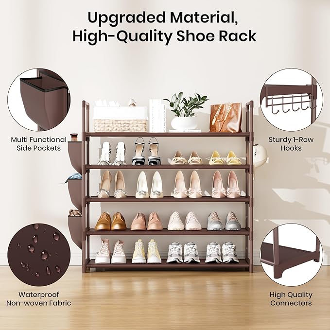 VILICK Shoe Rack for Closet Shoe Organizer Space Saver Storage for 20-25 Pair Shoe Shelf with Hook and Side Pocket Free Stand
