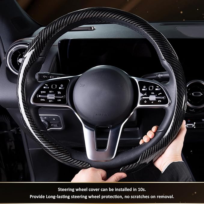 Aimato Car Steering Wheel Cover Carbon Fiber, Ultra-Thin Car Steering Wheel Cover,Comfortable & Breathable Microfiber,Universal Fit for Most Cars, Bright Black