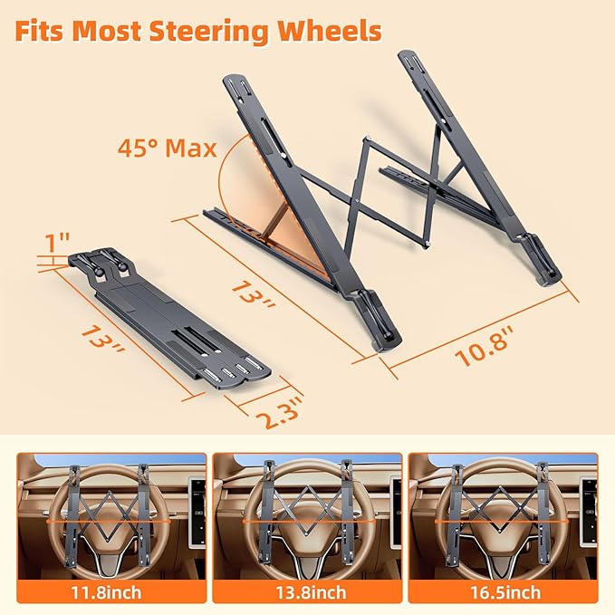 Foldable Car Laptop Holder, Adjustable Car Laptop Mount for Steering Wheel Tray Holder, Metal Notebook stand| Car Reading Stand | Car Tablet Holder, Multipurpose Travel Car Accessories-Gray