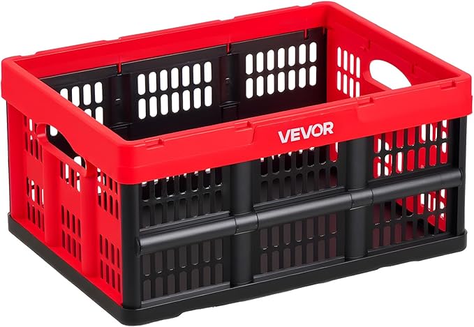 VEVOR Plastic Collapsible Storage Bins, 32L 3 Packs, Stackable Folding Storage Crates with Handles, Holds 26 lbs Per Bin, Fol