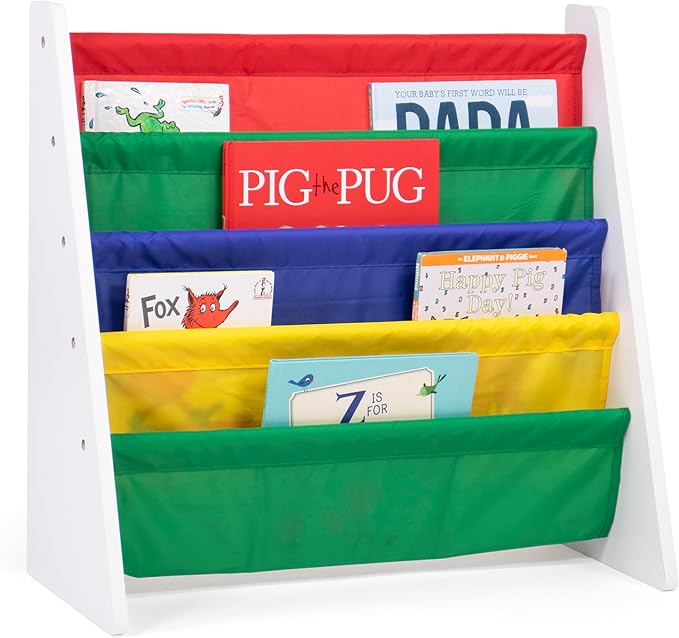 Humble Crew 4-Tier Kids Bookshelf, White Wood/Primary - Premium Book Shelf for Kids Rooms with Four Deep Pockets - Toddler Sl