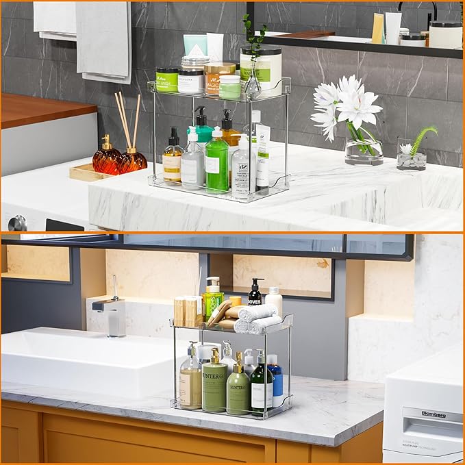 Yieach Clear Acrylic Bathroom Counter Organizers and Storage Tray, 2 Tier Makeup,Perfume,Skincare Organizer Shelf & Vanity St