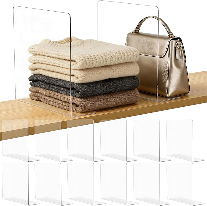 Shelf Dividers for Closet Organization: 12" Tall Acrylic Closet Dividers for Shelves - Clear Free Standing Shelf Separators f