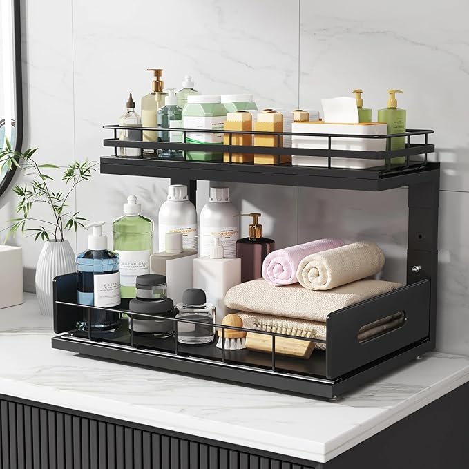 Under Sink Organizer Upgrade To Professional Rails,2-Tier Dual Pull Out Cabinet Storage,Height Adjustable Slide Out Drawers F