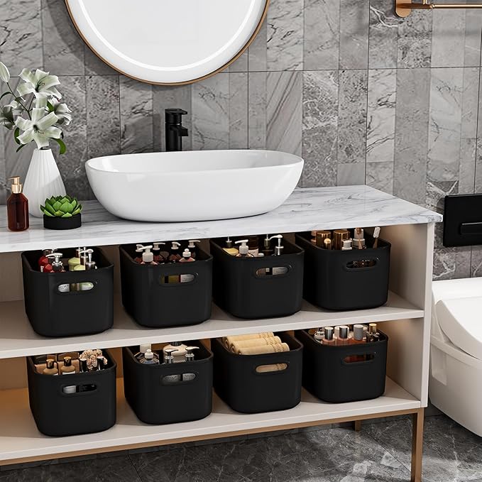 6 Pack Black Storage Bins with Lids for Shelves, Plastic Storage Containers with Lids for Organizing, Stackable Storage Boxes