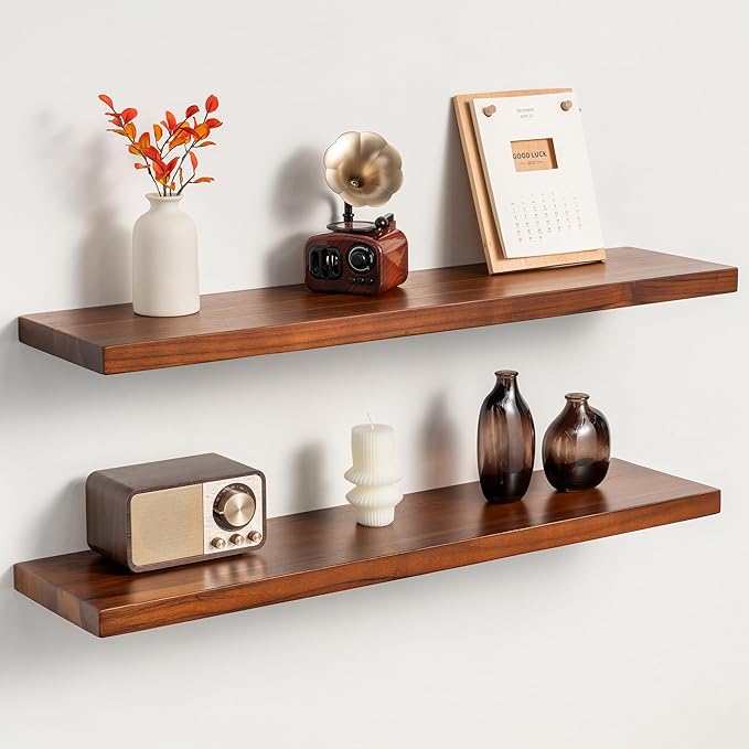 Teak Floating Shelves Set of 2-32 Inch Natural Waterproof Wood Wall Shelves with Invisible Brackets for Bathroom, Kitchen, Ba