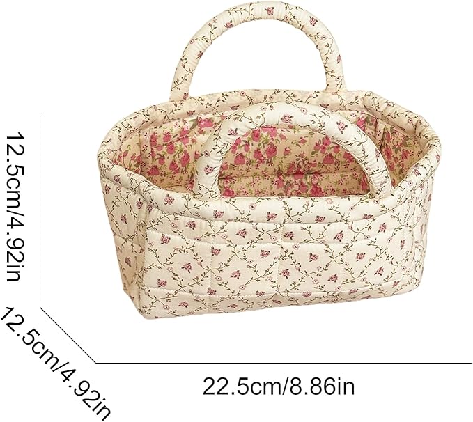 Small Storage Basket Organizer, Mini Fabric Floral Storage Baskets with Handle, Quilted Portable Collapsible Storage (P)