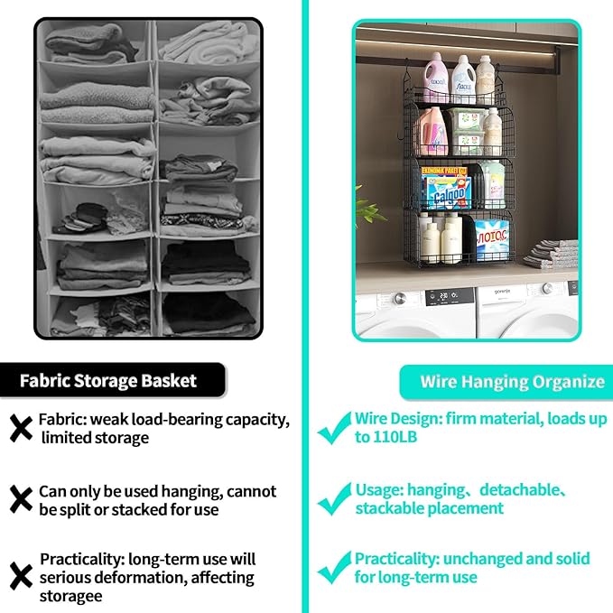 HapiRm Hanging Closet Organizer Storage - 4 Tier Metal Stackable Hanging Closet Shelves with Dividers and S Hooks, Foldable C