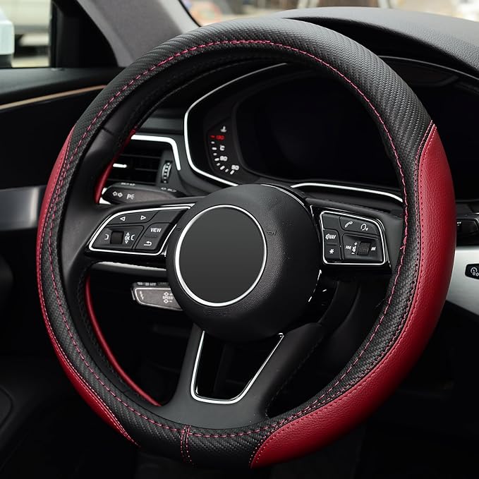 LABBYWAY Microfiber Leather Auto Car Steering Wheel Cover, Universal 15 Inch Anti-Slip Wheel Protector, Claret