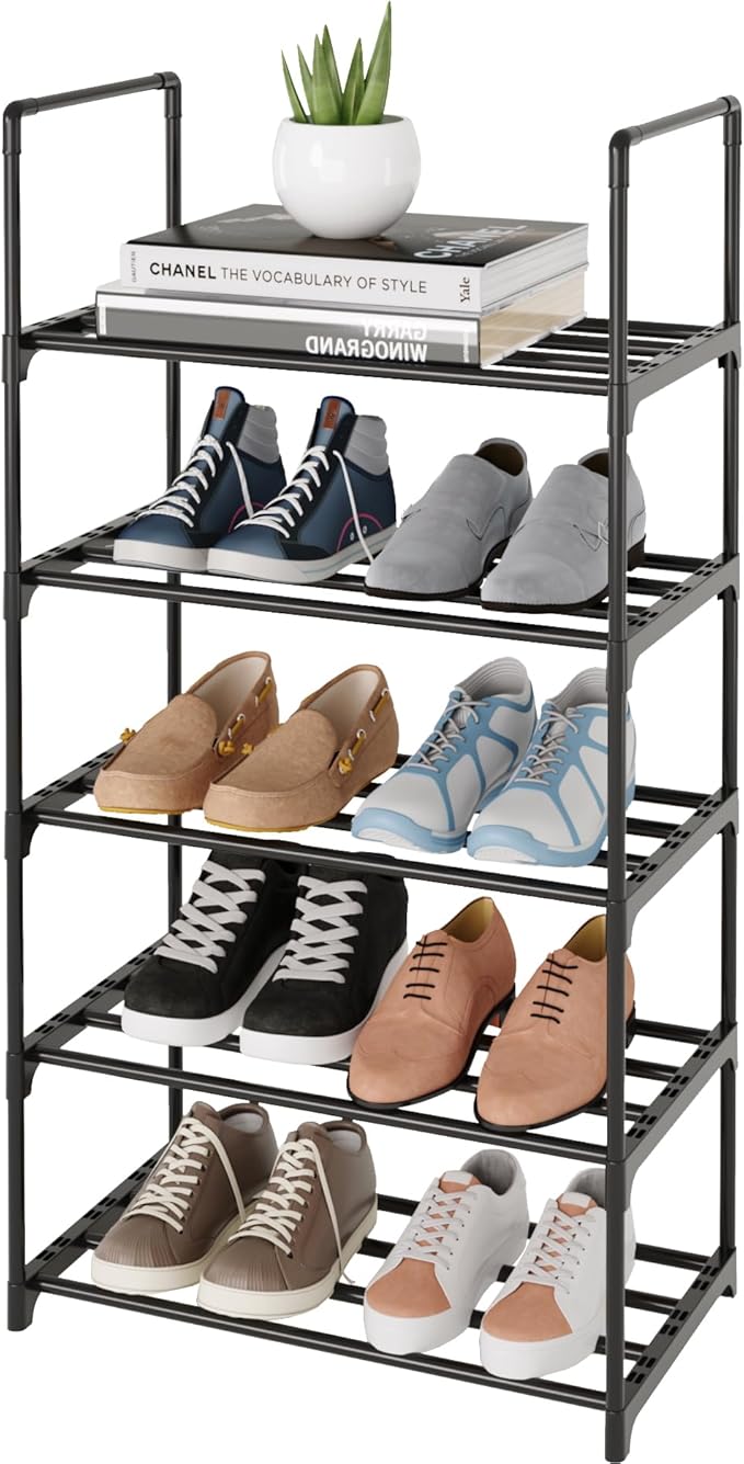 Metal Shoe Rack,Upgrade 5-Tier Stackable Shoe Stand,Narrow Shoe Storage Shelf for Shoes,Boots Entryway and Closet Hallway (wi
