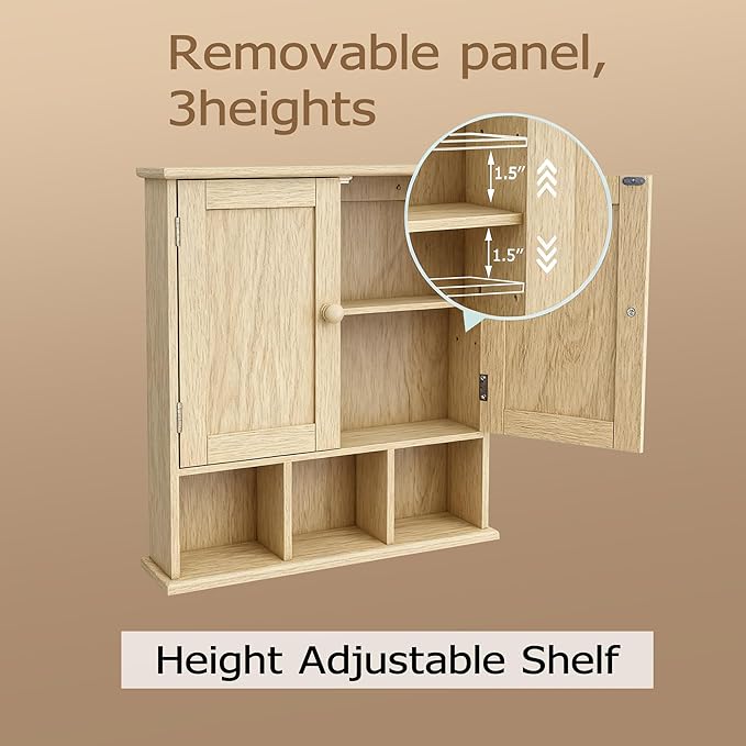 TaoHFE Natural Wooden Color Bathroom Wall Cabinet with 2 Door Adjustable Shelves,Over The Toilet Storage Wall Mounted Medicin