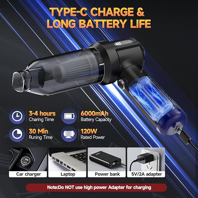 Car Vacuum Portable Cordless High Power Small Handheld Vacuum Cleaner 4-in-1 Compressed Air Duster & Air Blower & Pump Hand H