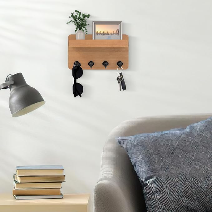 Nekon Key Holder Wall Mount, 8.5 Inch Small Home Decor Wooden Wall Organizer with 4 Hooks and Shelf, Key and Mail Holder for 