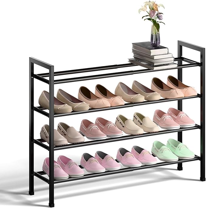 Bumusty 4-Tier Expandable Shoe Rack for Closet, 18“-33” Adjustable Shoe Rack for Small Space, Small Shoe Organizer for Front 