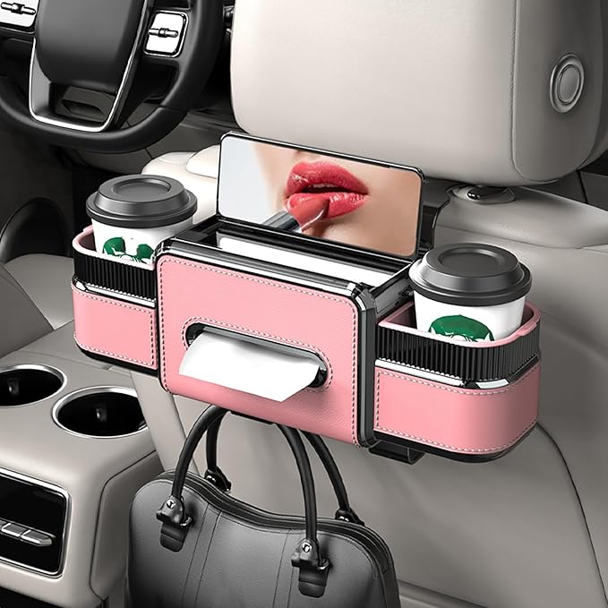 Multifunctional Car Seat Back Organizer Box with Drink Cup Holder, Makeup Mirror, Tissue Box& Hooks for Car Seat Back, New Upgrade Car Headrest Backseat Organizer Suitability for Wife, Girlfriend