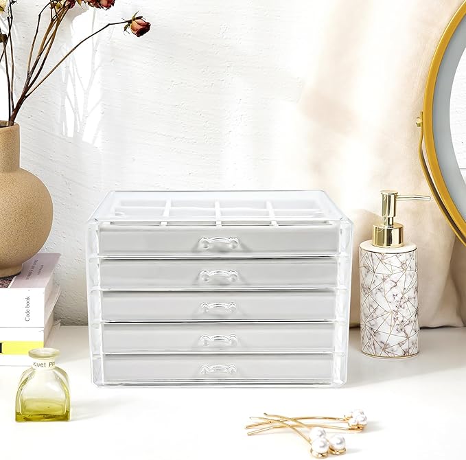 ProCase Earring Holder Organizer Jewelry Box with 5 Drawers, Acrylic Clear Earring Case with Adjustable Velvet Trays for Wome