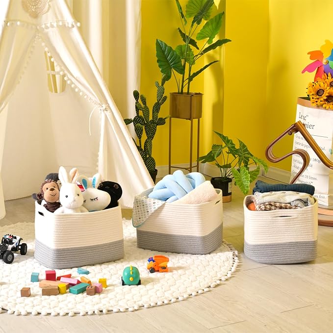 ICERZCZ Storage Baskets for Organizing Shelves, Woven Cotton Rope Bins for Baby Nursery Organization, Book Toy Towel Organize