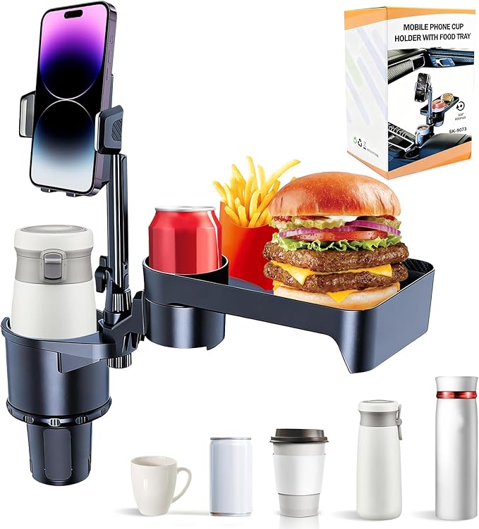 Car Cup Holder Tray, 4 in 1 Drink Holder Expander with Expandable Food Tray Table, for Road Trip Essentials & Daily Commute (