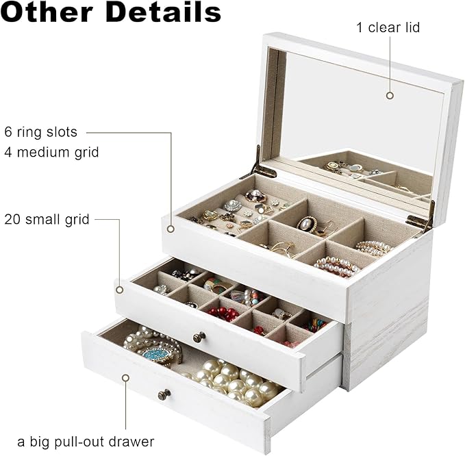 Meangood Jewelry Box Organizer for Women, 3 Layer Large Jewelry Storage Case, Rustic Wooden Jewelry Box with Mirror & Ring Tr