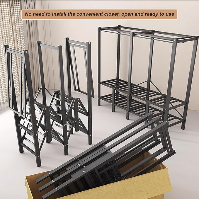 Portable Foldable Wardrobe Closet, Grey Heavy Duty Garment Rack with Fabric Cover and 2 Hanging Rods, 50cm Large Capacity Ext