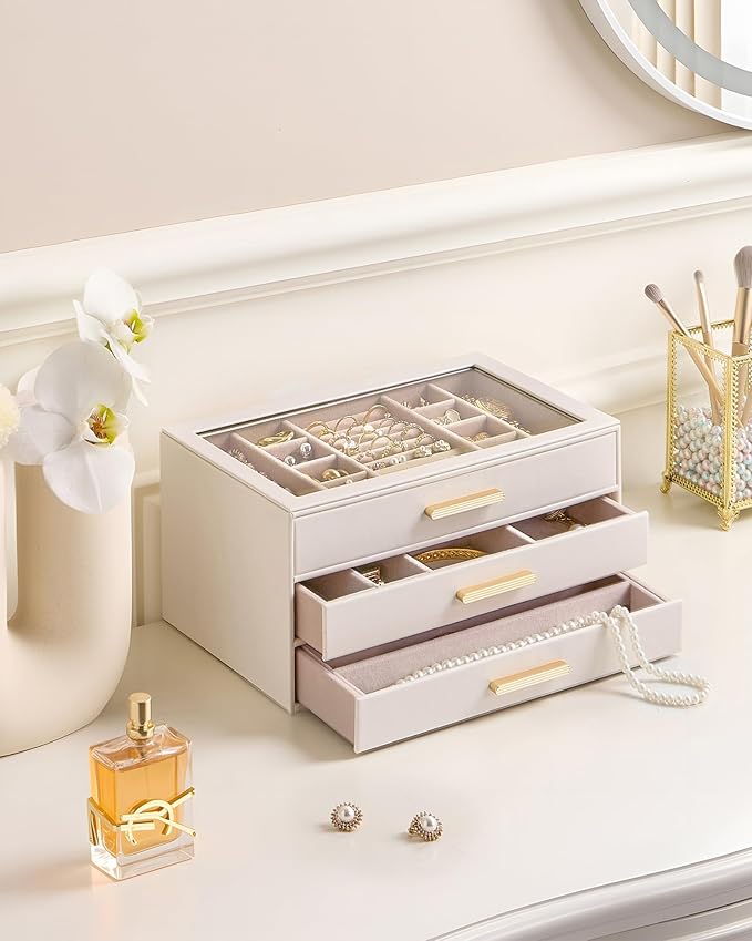 Lolalet Jewelry Box Organizer, 3-Layer Jewelry Organizers and Storage Case with Glass Lid, Ring Earring Bracelet Necklace Hol