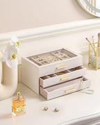 Lolalet Jewelry Box Organizer, 3-Layer Jewelry Organizers and Storage Case with Glass Lid, Ring Earring Bracelet Necklace Hol