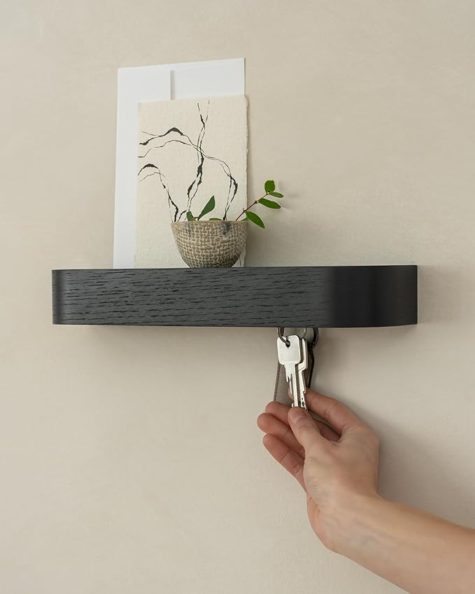 Kazai. Key Holder 'Toke' | Minimalist Key Hook Design from Berlin | Modern Key Holder Wall Mount with Wooden Shelf | Key Rack