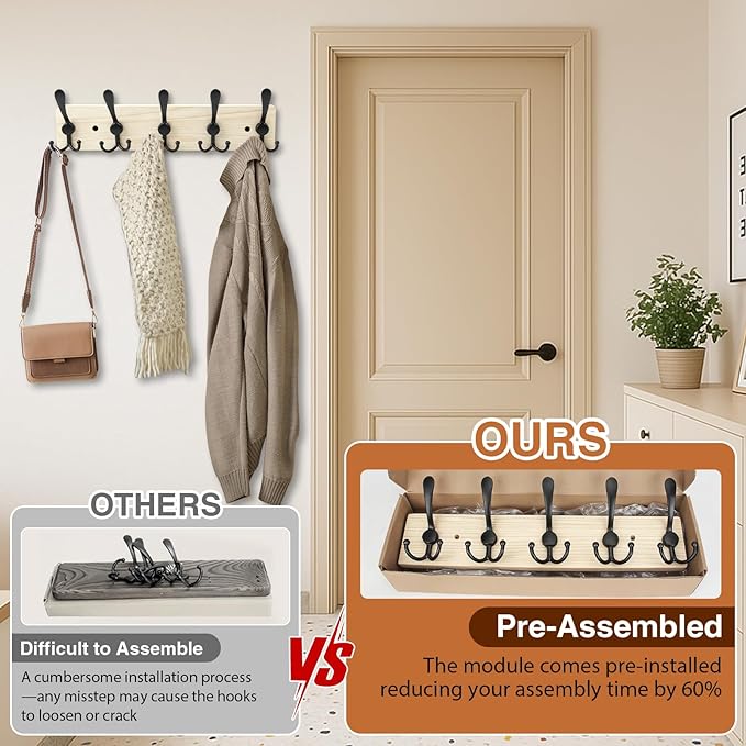 Wooden Coat Rack Wall Mount Heavy Duty, 2 Pack Coat Hanger Wall Mount with 5 Triple Hooks for Clothes, Jacket, Hat, Keys, Spa