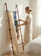 SIBRAD Expandable Blanket Ladder for Living Room, Adjustable Width (17.3"-32.3") Tall Metal Quilt Rack Wall Leaning, Rustic B