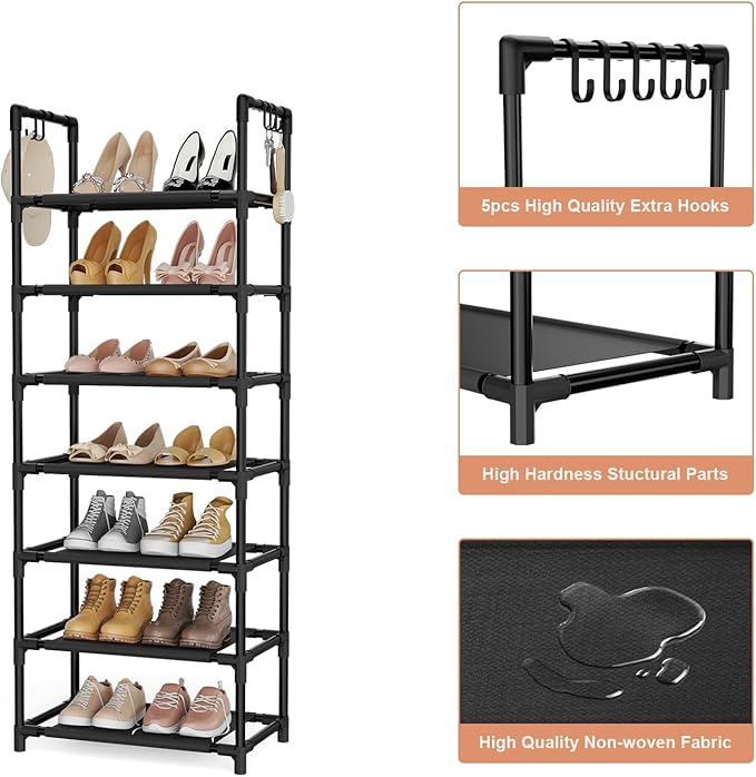 LANTEFUL 7 Tiers Shoe Rack 18-20 Pairs Boots Organizer Storage Sturdy Narrow Shoe Shelf for Entryway, Closets with Hooks, Bla