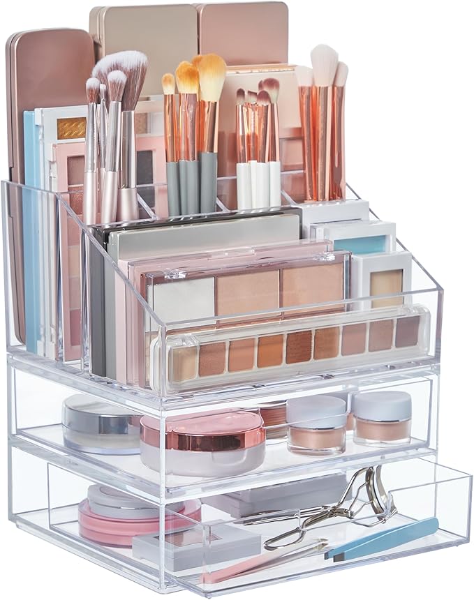STORi Chloe Stackable Makeup Holder & Drawer Organizer Set, Clear, BPA-Free Plastic, Made in USA, Organize Brushes, Cosmetics