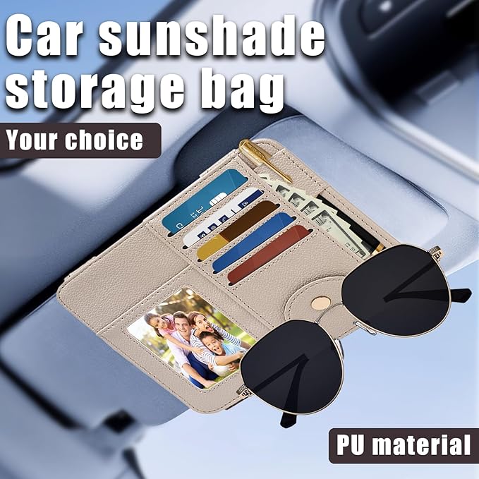 Visor Organizer, Apricot Sunglass Holder For Car, Sunvisor Organizers with Multiple Pockets and Picture Frame, Essential Car Interior Accessories for Women and Men