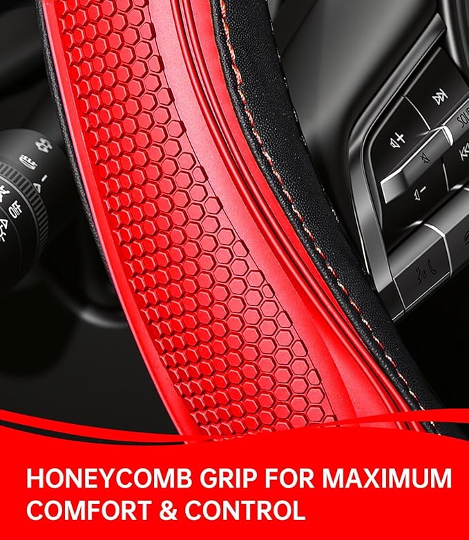 XCBYT Steering Wheel Cover - Red Leather Steering Wheel Wrap Great Grip with 3D Honeycomb Quick and Effortless Installation N