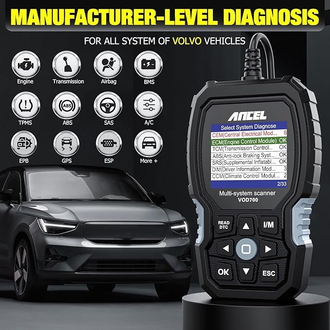 ANCEL VOD700 All System OBD2 Scanner Fits for Volvo Car Code Reader Full Function Diagnostic Scan Tool ABS Bleeding Injector