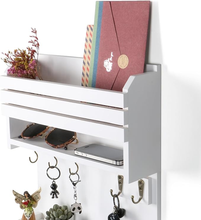 Key Holder, Wall Mounted Mail Organizer, Keys Holder on Wall with 9 Key Hooks, White