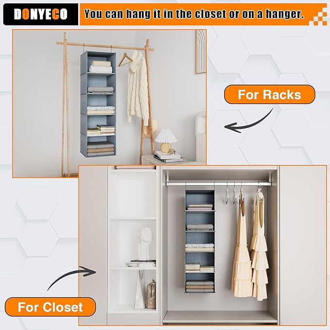 Hanging Closet Organizer 5-Shelf, Easy Mount Foldable Wardrobe Storage Shelves, Clothes Handbag Shoes Accessories, Washable O
