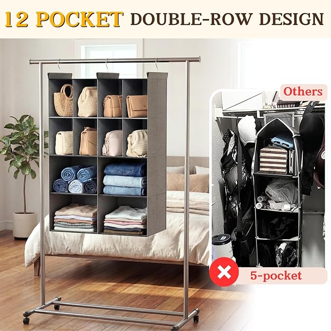 Ofiray-home 4 Tier Hanging Closet Organizer, 12 Compartments Sweater Organizer for Closet with 3 Sturdy Hooks, Closet Organiz