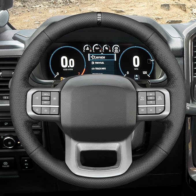 MEWANT Hand Stitch Perforated Embossed Faux Leather Steering Wheel Cover for Ford F150 Lightning F350 2024 Expedition