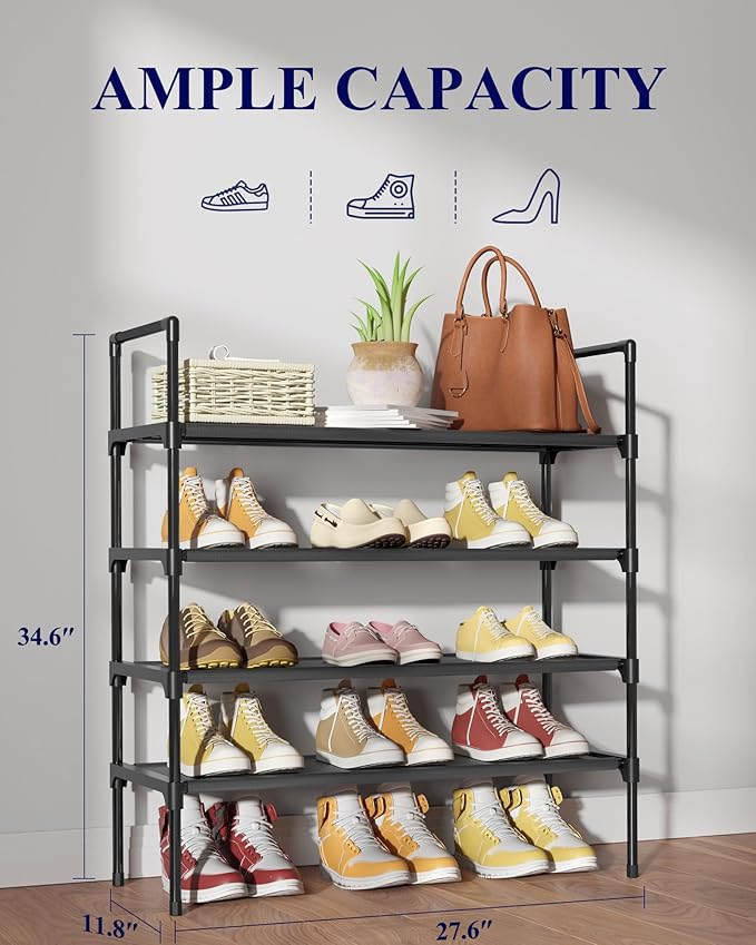 Kitsure Shoe Rack - 4-Tier Shoe Organizer, Shoe Rack for Closet, Entryway, Bedroom, Easy- Assembly Storage Shelf with Side Ha