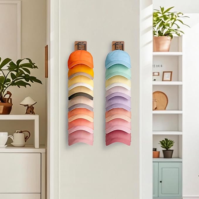 2 Pack Hat Organizer for Baseball Caps, Wood & Metal Hat Rack for Wall, Hat Storage for 22 Caps with Strong Adhesive/Wall Dri